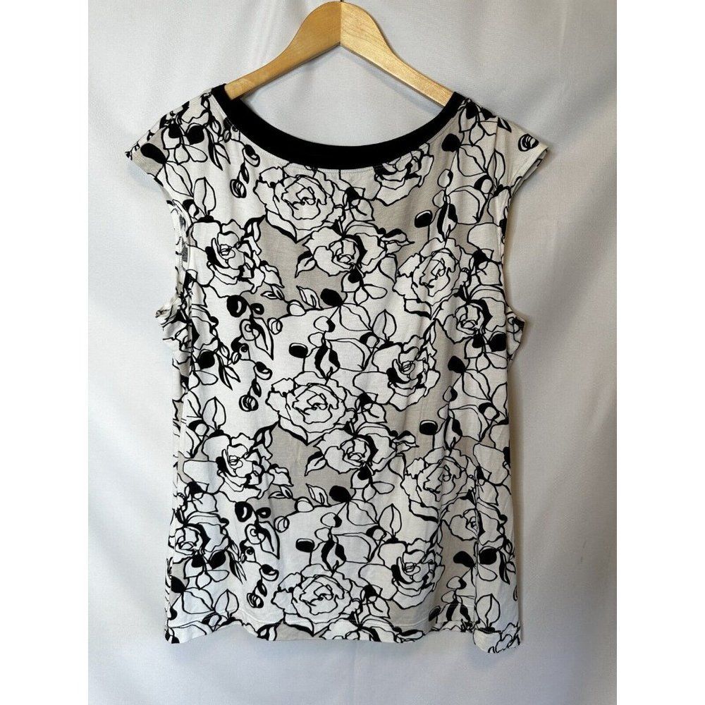 St John Knit Floral Black White Tan Pretty Sleeveless Top Slze Large